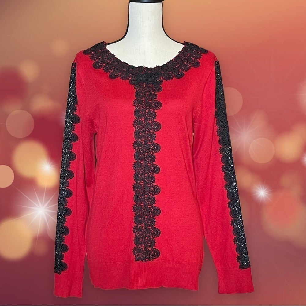 NY&C 7th Avenue New York & Company Design Studio Red Black Lace Sweater Large